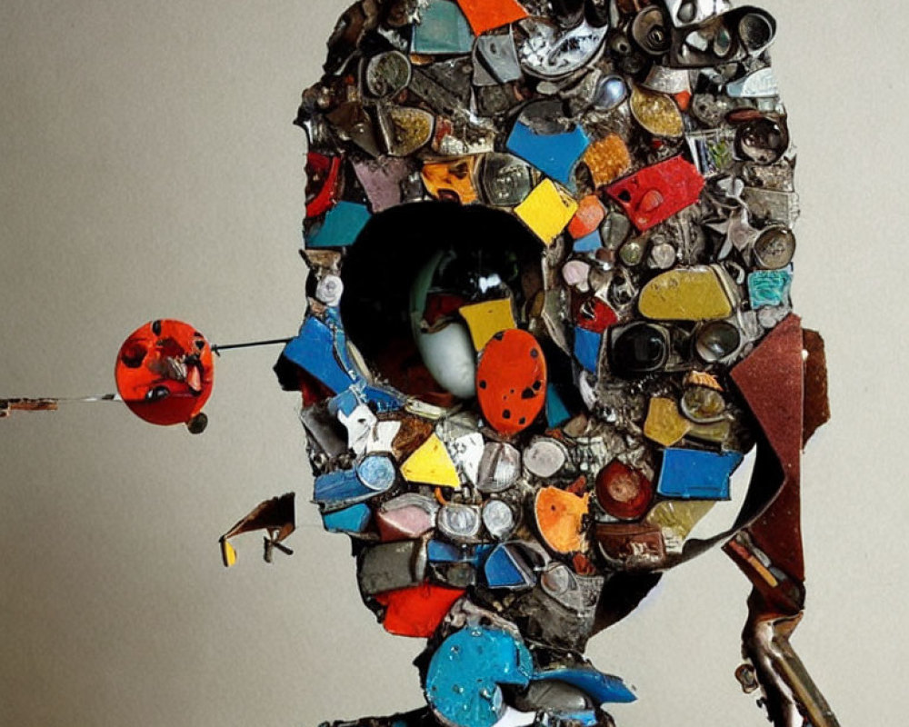 Colorful Recycled Material Sculpture of Human Head