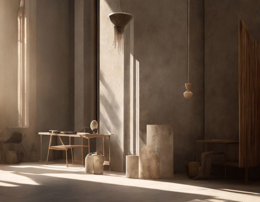 Minimalistic room with soft light, long shadows, earthy tones