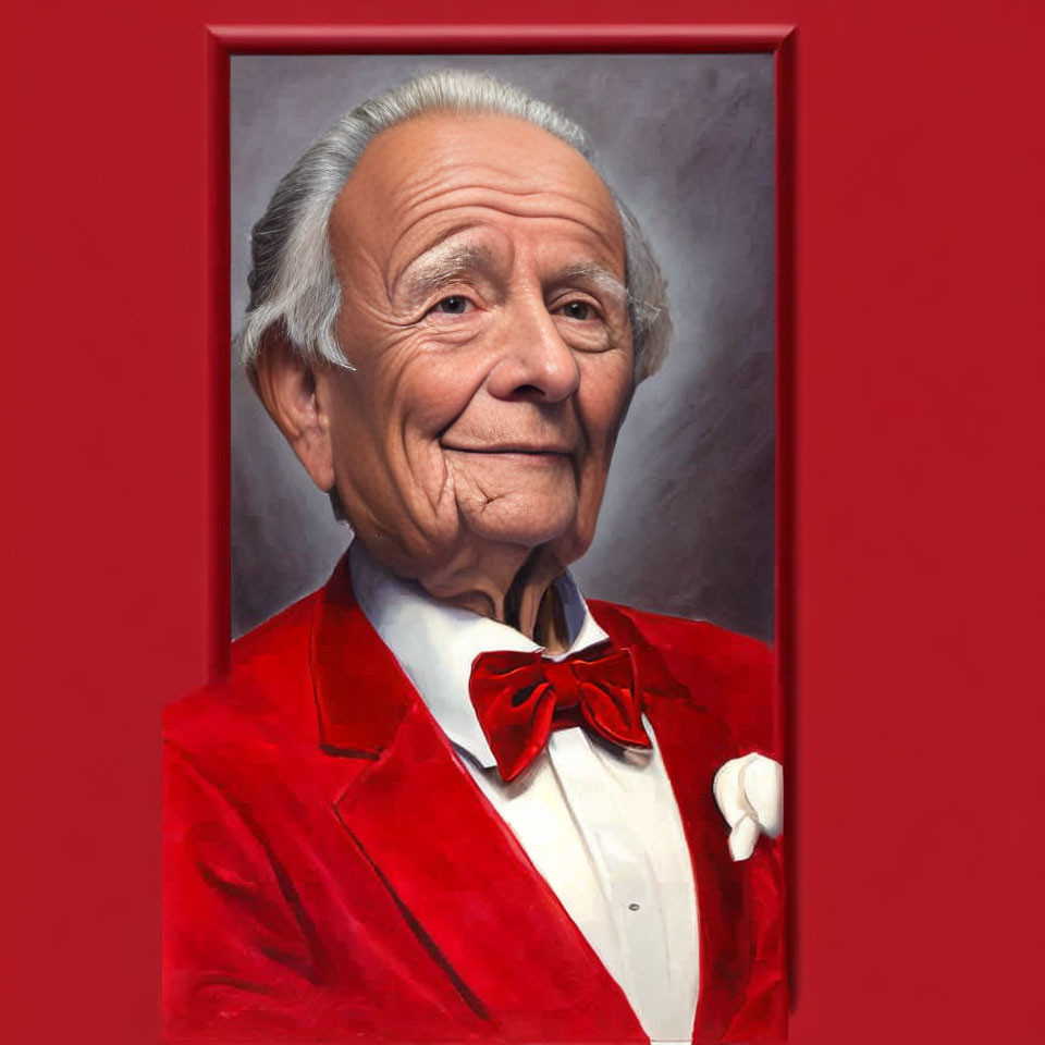 Elderly man in red velvet jacket and bow tie on red background