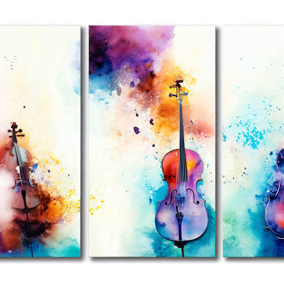 Vibrant Watercolor Splashes with Violins on Cosmic Background