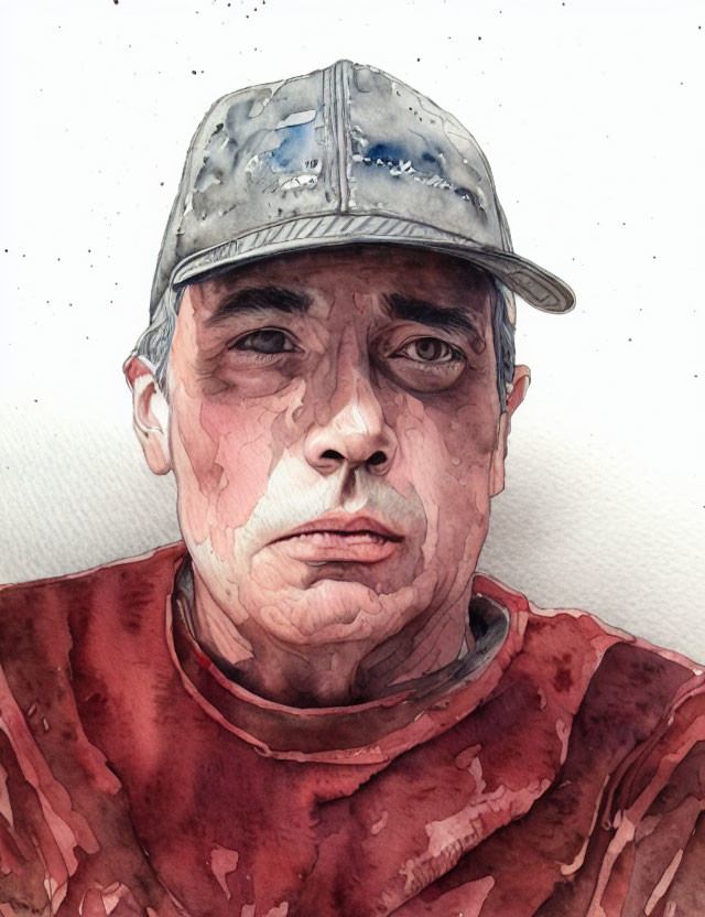 Detailed Watercolor Portrait of Person in Worn-Out Cap and Red Shirt