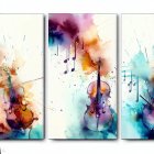 Vibrant Watercolor Splashes with Violins on Cosmic Background