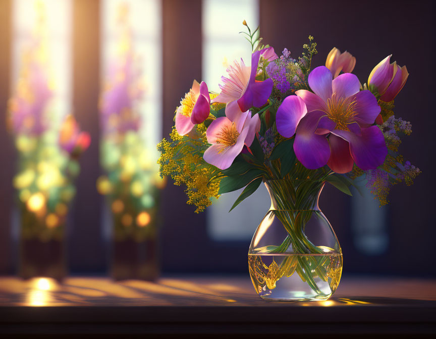 Purple flowers bouquet in clear glass vase on wooden surface with soft sunlight.