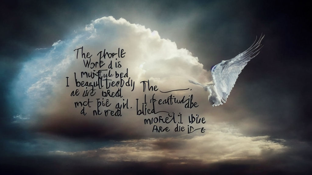 White dove flying in dramatic cloudy sky with poetic text overlay.