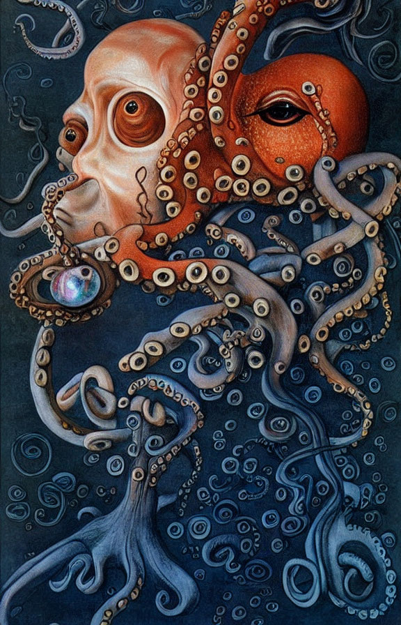 Surreal octopus and human eye fusion with swirling tentacles