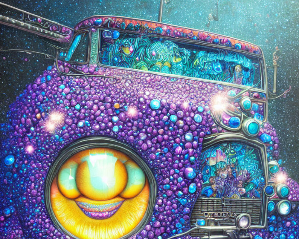 Colorful Whimsical Bus with Eye and Orbs on Starry Night Sky