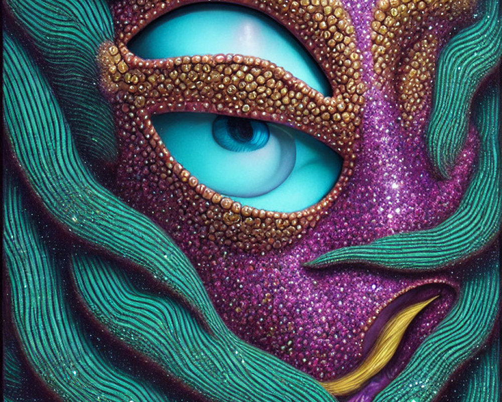 Blue-eyed figure in textured purple mask with green wavy patterns