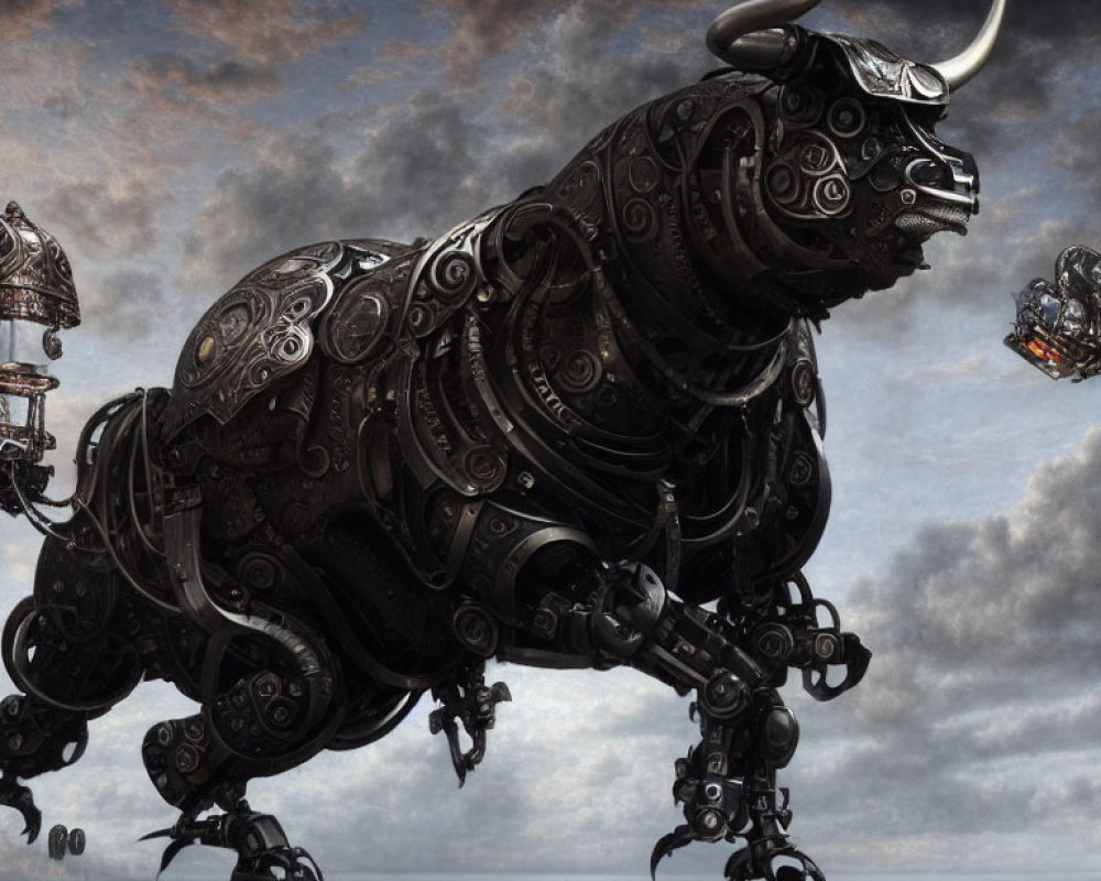 Mechanical bull digital artwork with intricate designs in cloudy sky