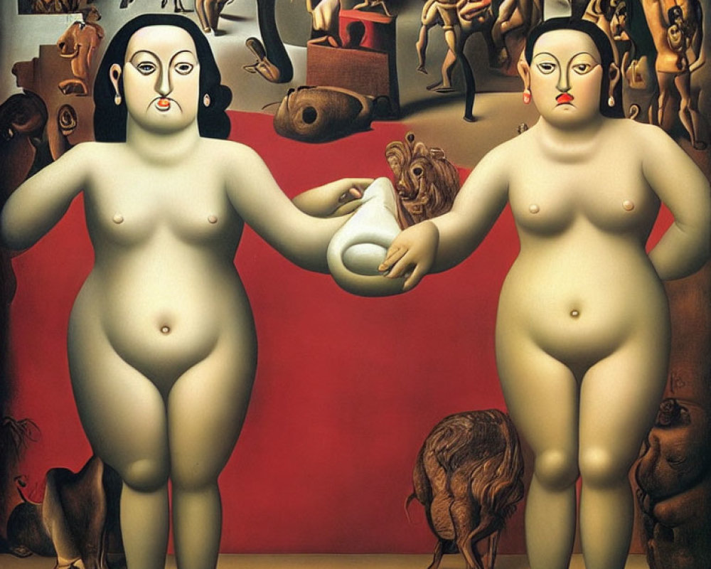 Surrealist painting with nude figures and odd characters