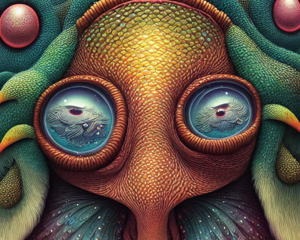 Colorful, intricate whimsical creature with large expressive eyes and vibrant hues.