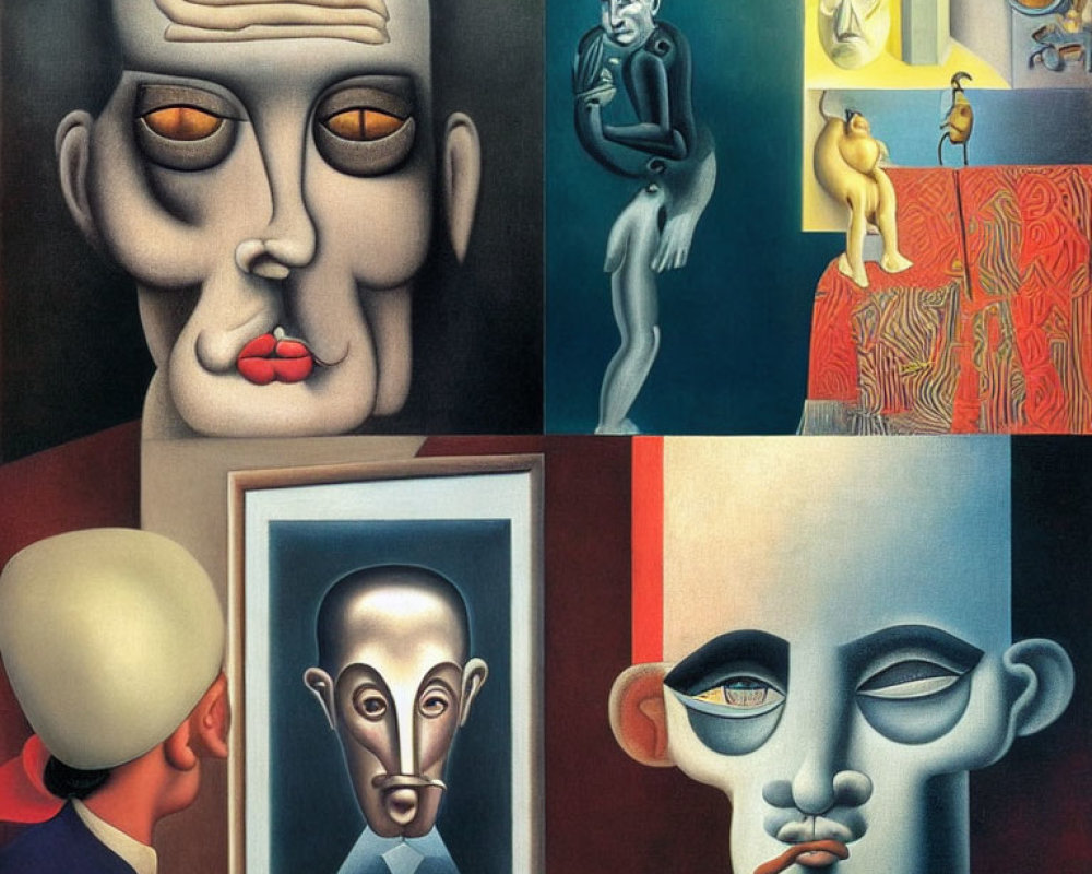 Surrealist quadriptych paintings of distorted human figures and indoor scenes