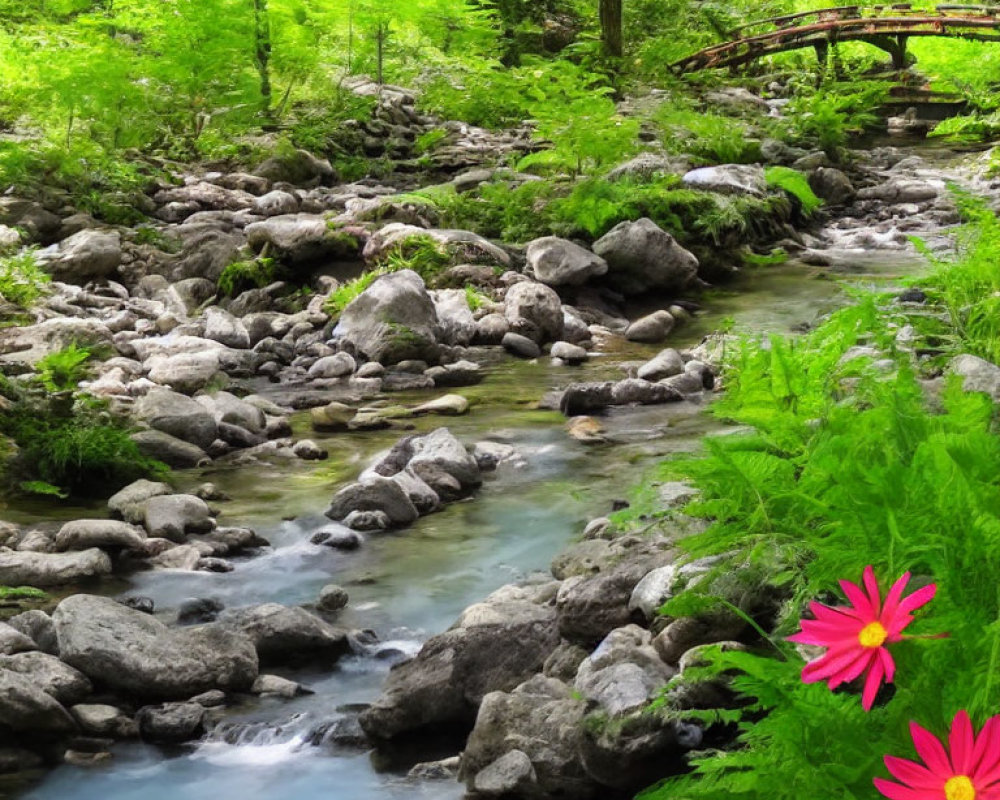 Tranquil woodland stream with rocks, green foliage, pink flowers, and wooden bridge