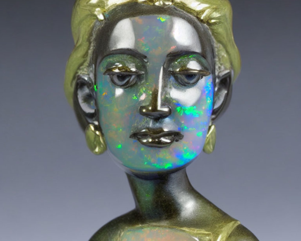 Reflective iridescent statue with gold accents and serene face wearing traditional earrings and headpiece