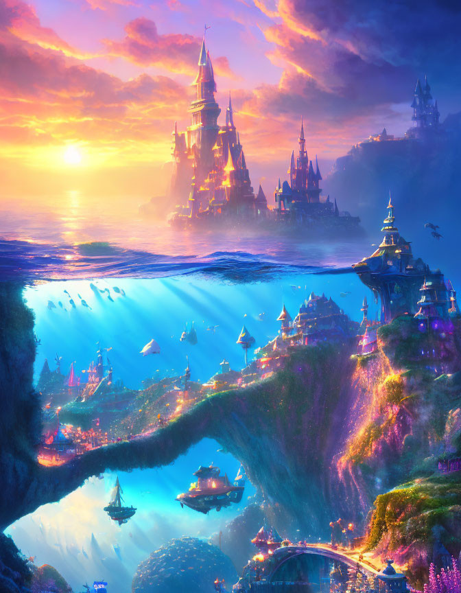 Majestic castle in vibrant fantasy landscape at sunset