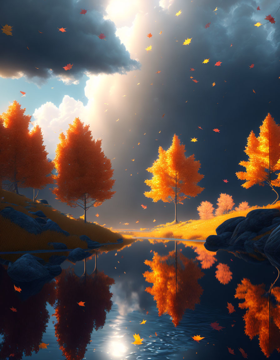 Tranquil autumn landscape with orange trees reflected in lake under dramatic sunset sky