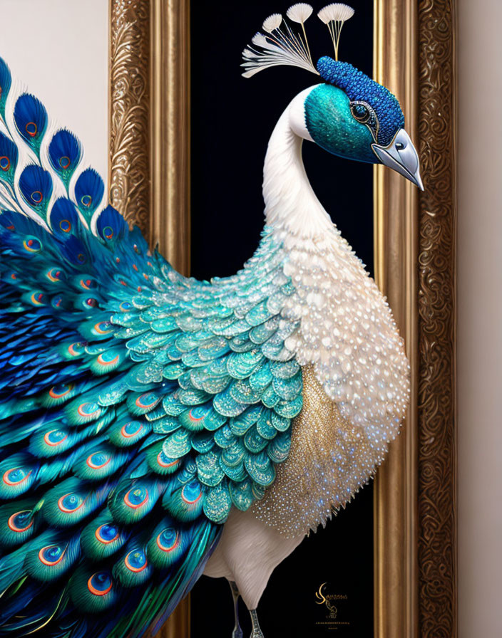 Colorful Peacock Portrait in Golden Frame on Dark Background