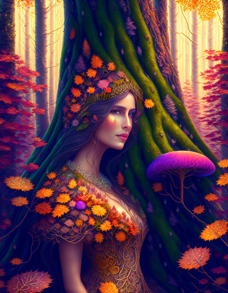 Mystical woman with autumn leaves and purple mushroom in vibrant fall forest