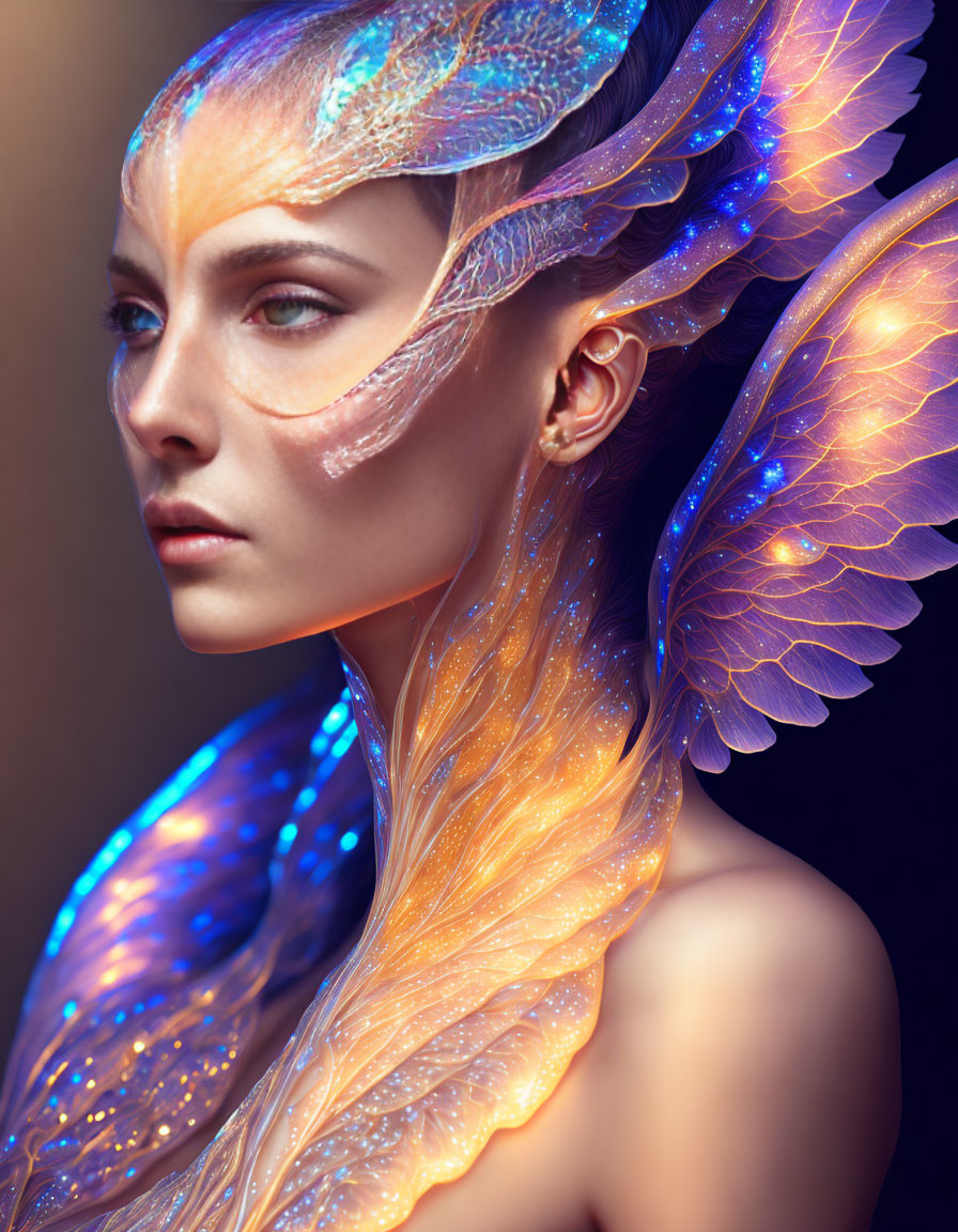 Profile of Woman with Luminous Butterfly Wings: Iridescent Patterns and Textures