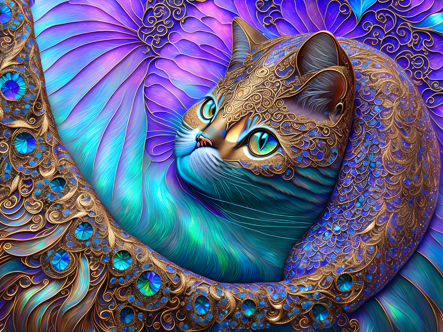 Colorful ornate cat illustration with golden patterns and blue fur on swirling purple backdrop