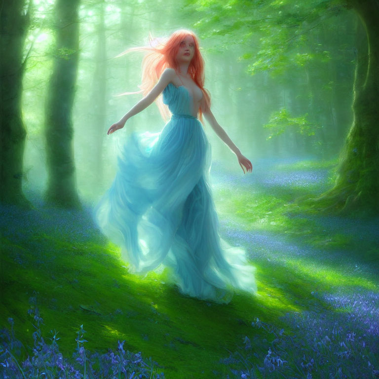 Woman in Blue Gown with Red Hair in Enchanted Forest