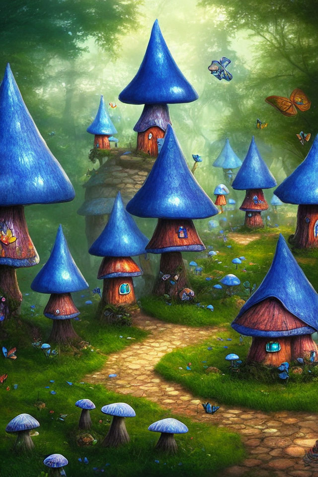 Whimsical blue mushroom houses in enchanted forest with butterflies