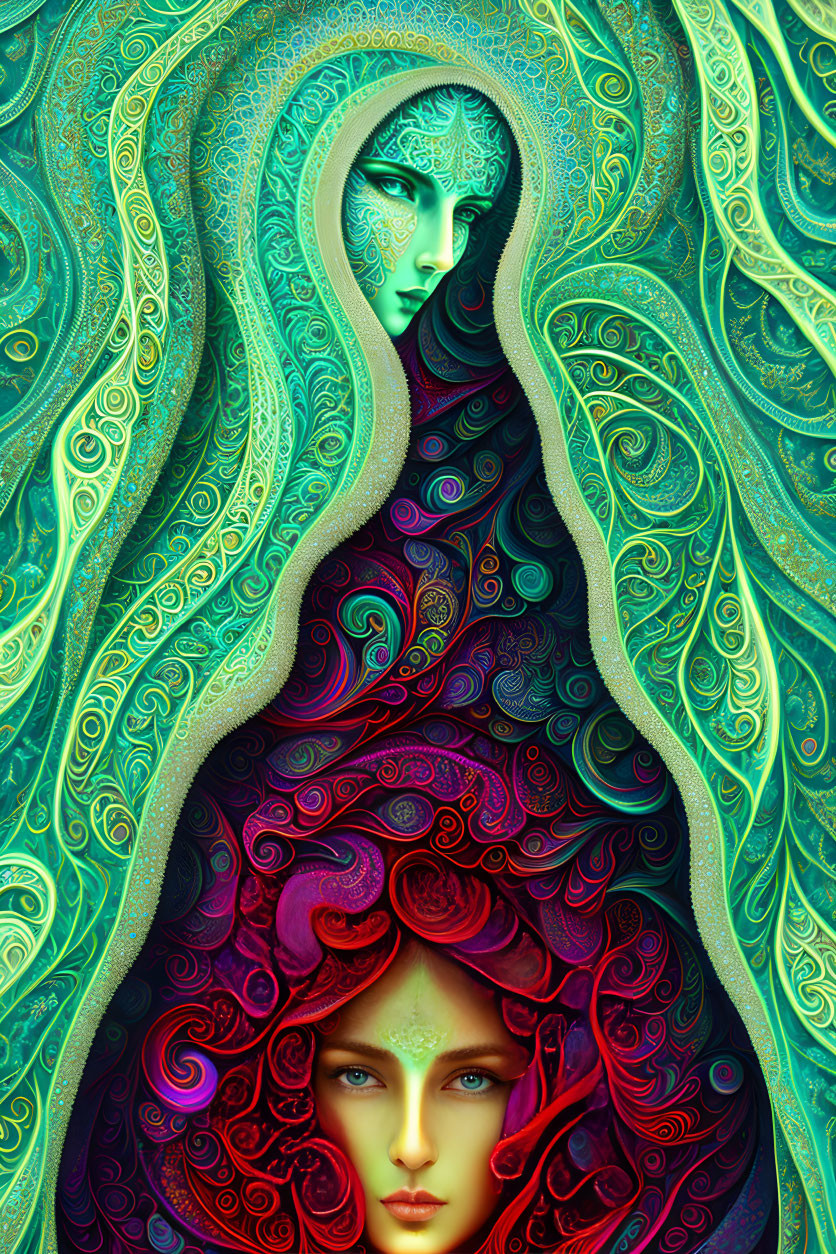 Colorful digital artwork of two ethereal women with swirling patterns