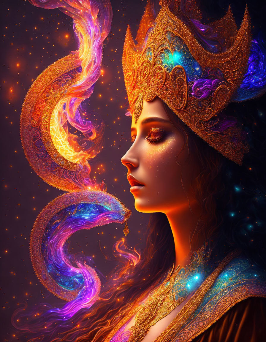 Radiant woman with glowing crown in starry background