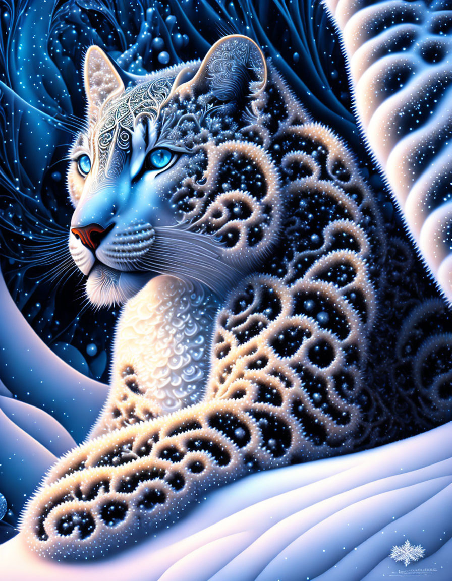 Ornate blue-patterned snow leopard in wintry backdrop