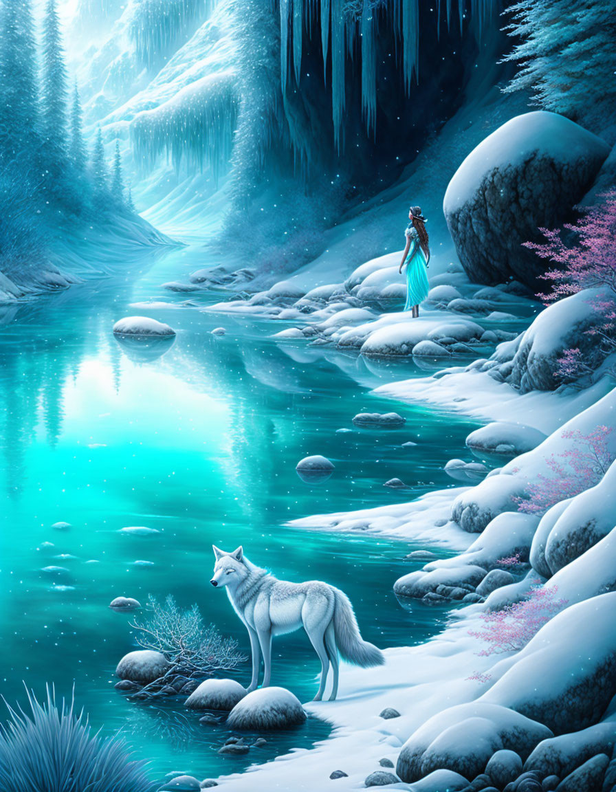 Mystical winter scene with white wolf and woman in blue by frozen river