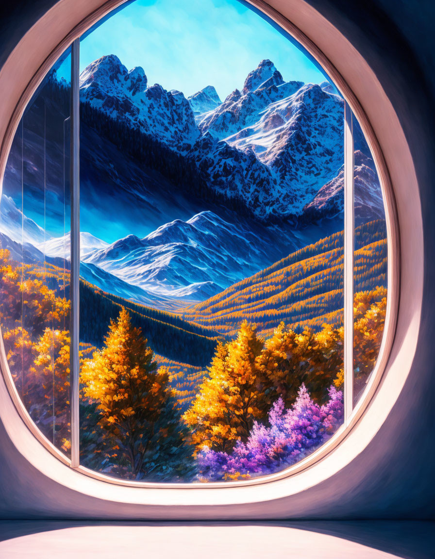 Round window showcasing vibrant autumn landscape with snow-capped mountains and colorful trees.