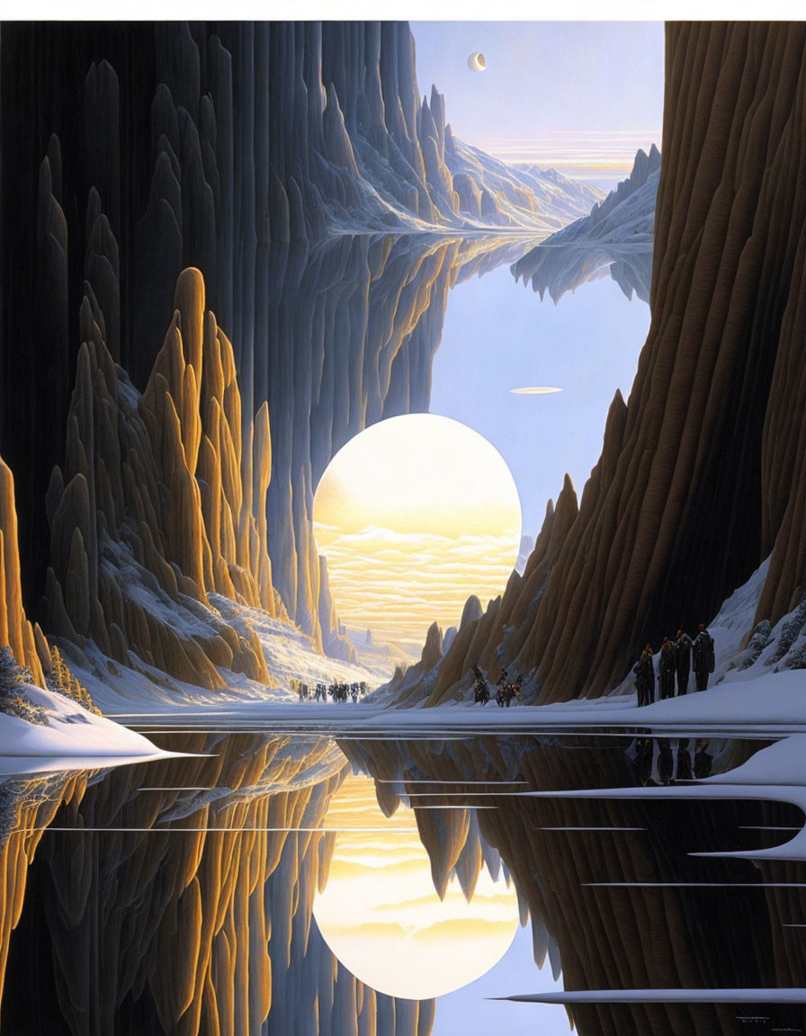 Majestic cliffs, rising sun, still water, and small figures in a fantastical landscape