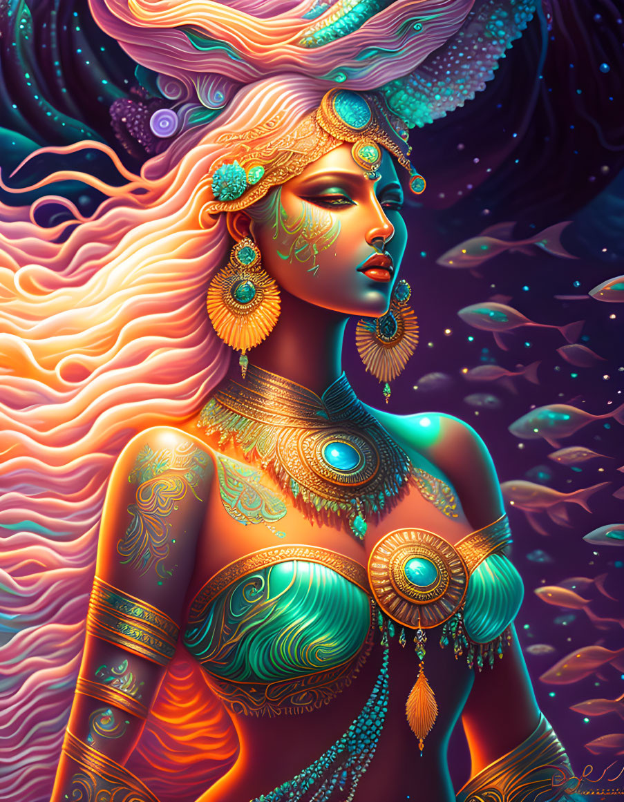 Vibrant artwork of woman with golden and turquoise adornments