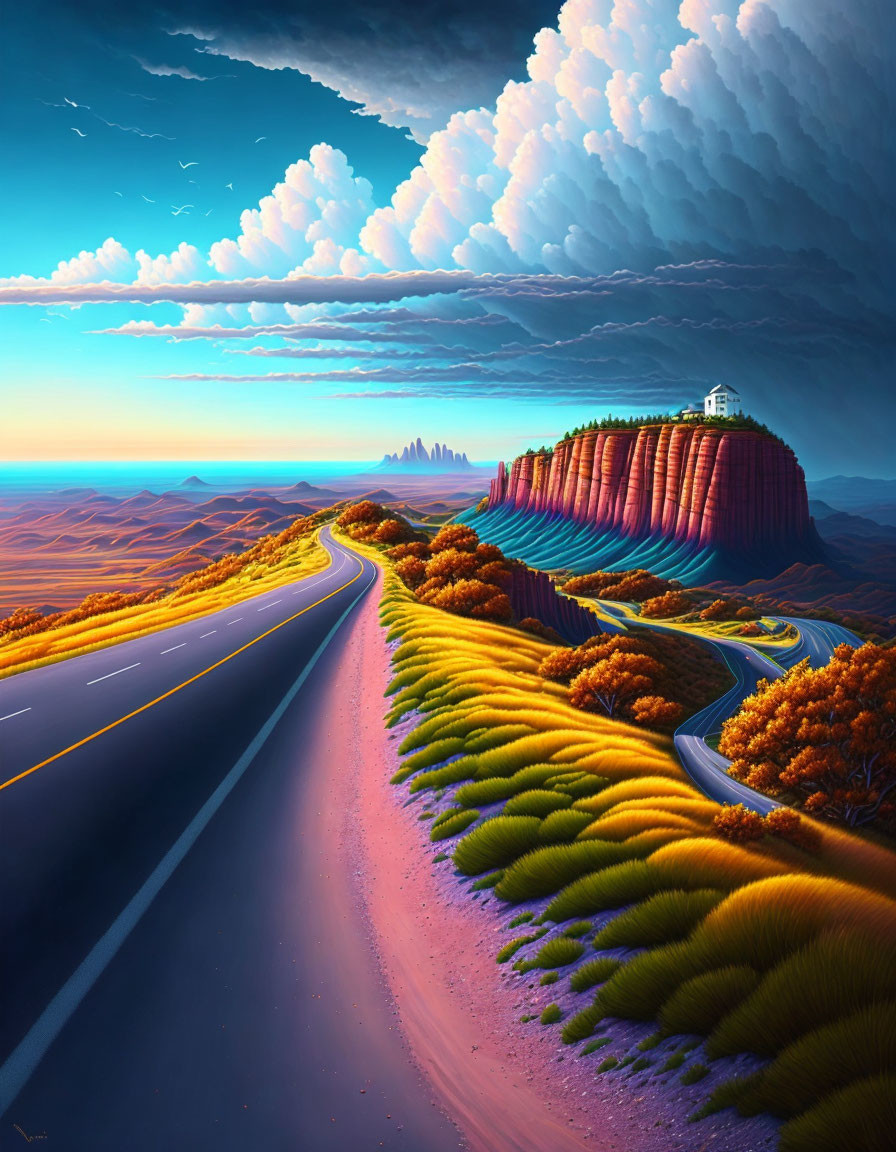 Colorful artwork: winding road to mesa with house in autumn landscape