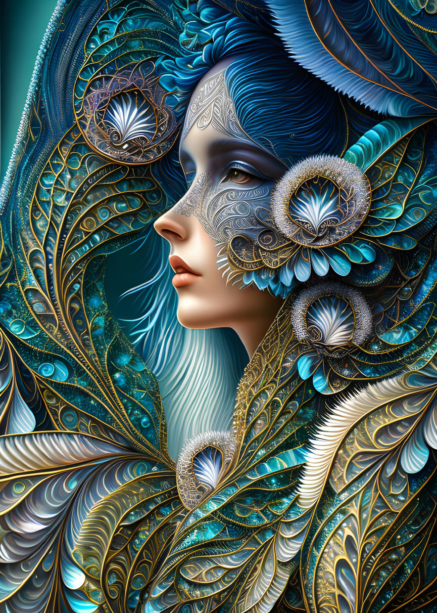 Digital artwork featuring woman with ornate blue and gold feathers and patterns reminiscent of a peacock.