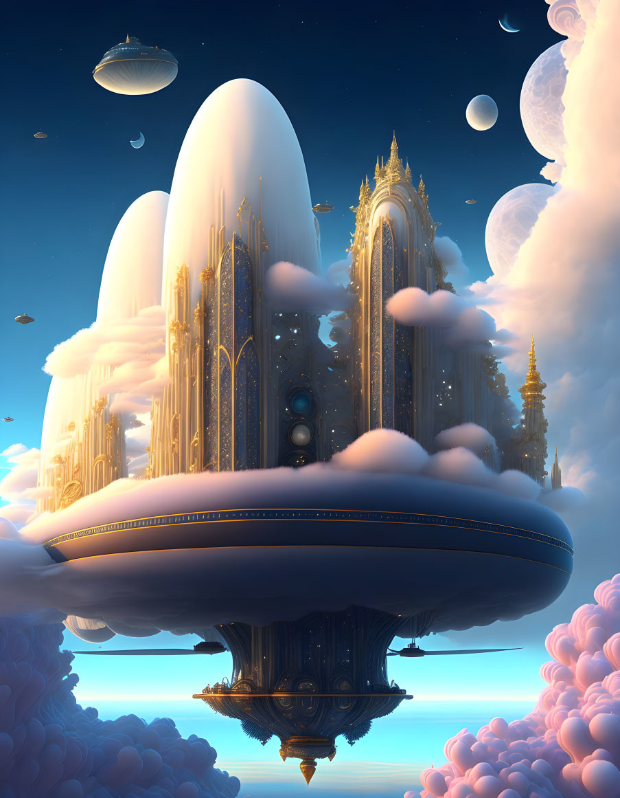 Fantastical floating city with golden spires under blue sky.