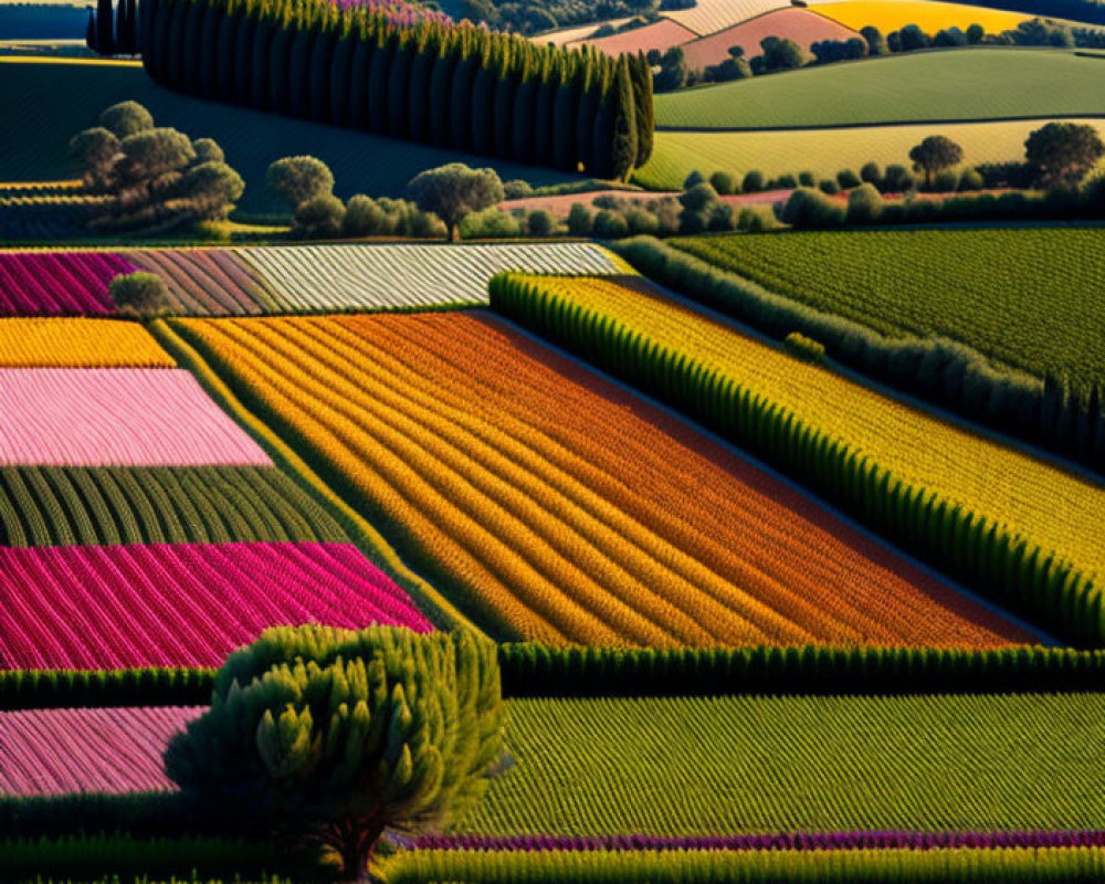 Colorful Agricultural Fields with Varying Crops and Patterns under Partly Cloudy Sky