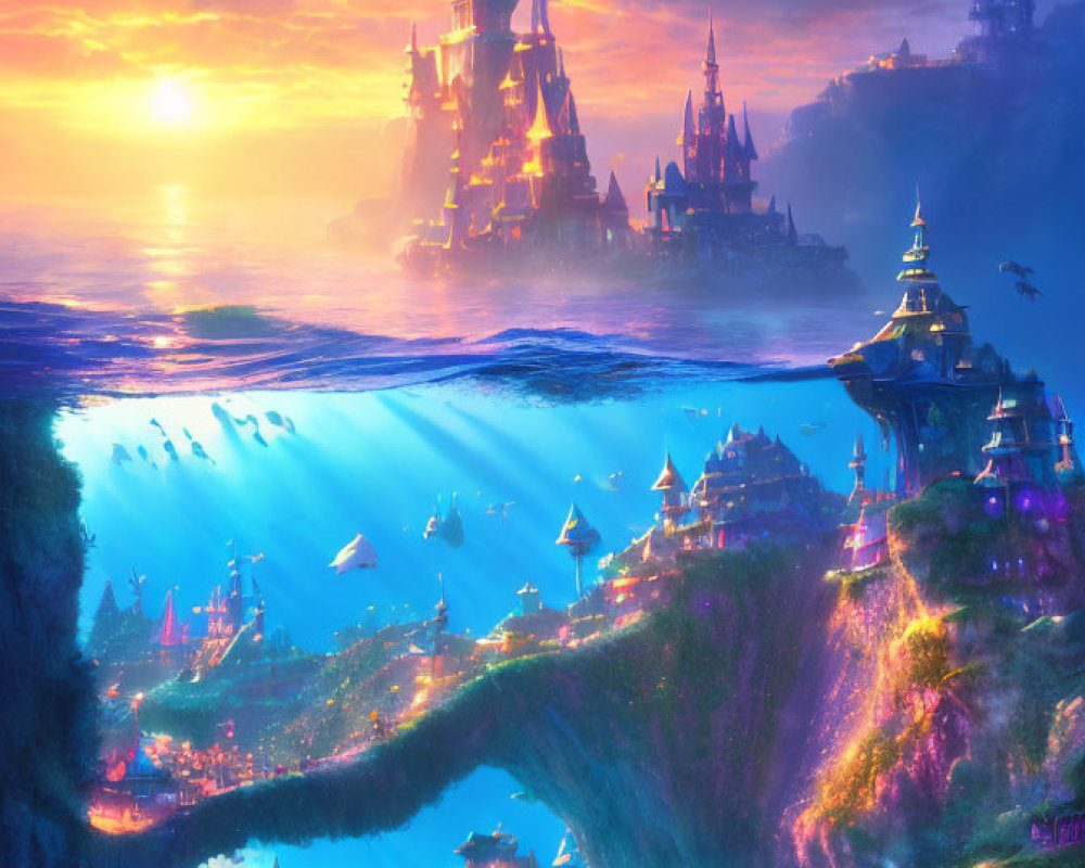 Majestic castle in vibrant fantasy landscape at sunset