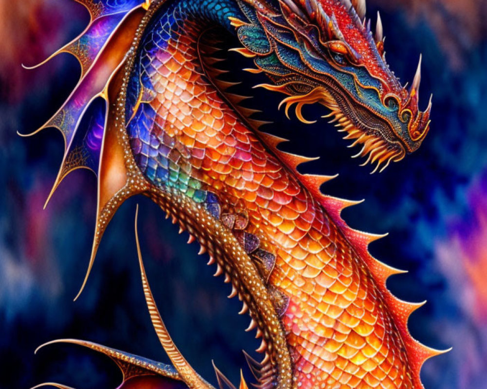 Detailed majestic dragon with vibrant orange scales and intricate blue/purple wings on abstract background