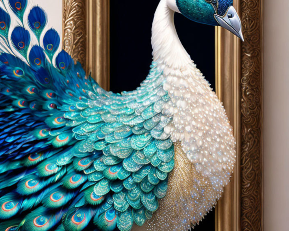 Colorful Peacock Portrait in Golden Frame on Dark Background