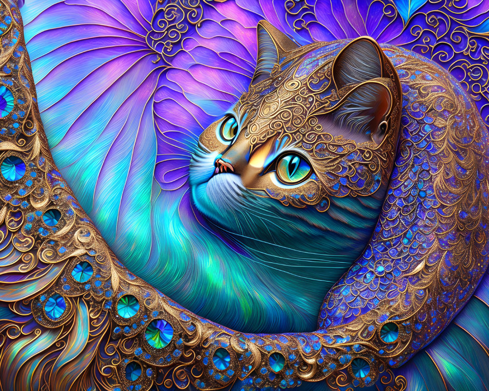 Colorful ornate cat illustration with golden patterns and blue fur on swirling purple backdrop