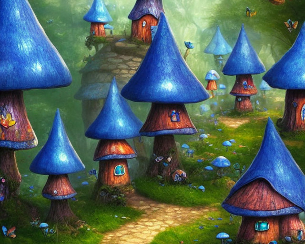 Whimsical blue mushroom houses in enchanted forest with butterflies