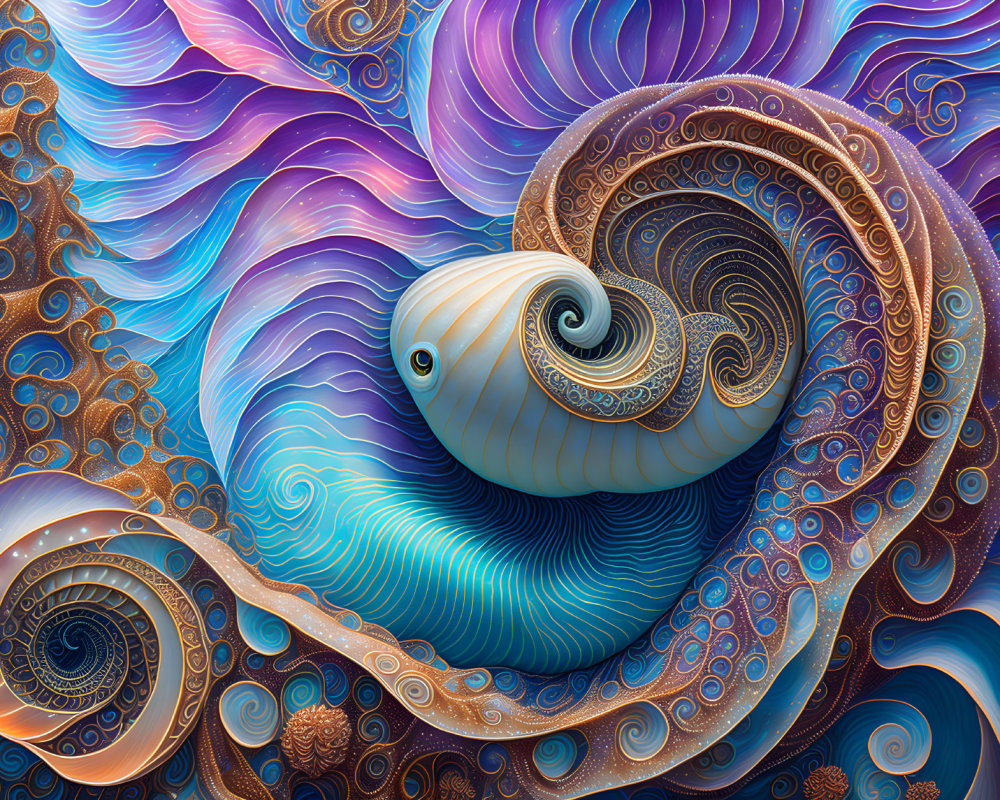 Colorful digital artwork: intricate spiral structure in blues, purples, metallic hues