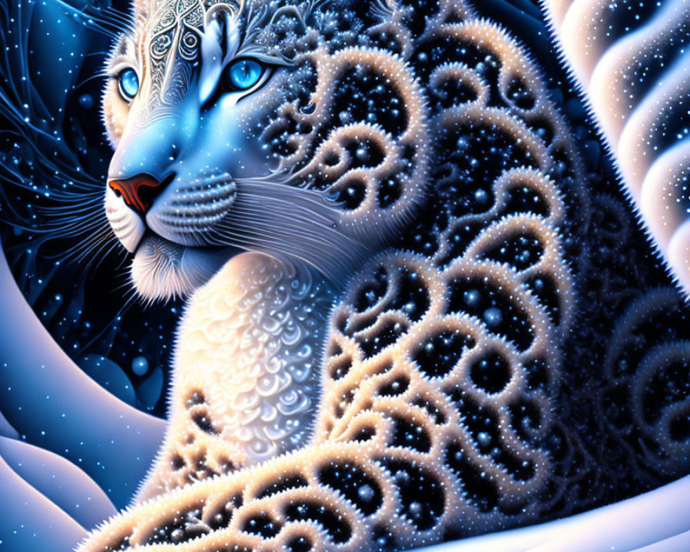 Ornate blue-patterned snow leopard in wintry backdrop