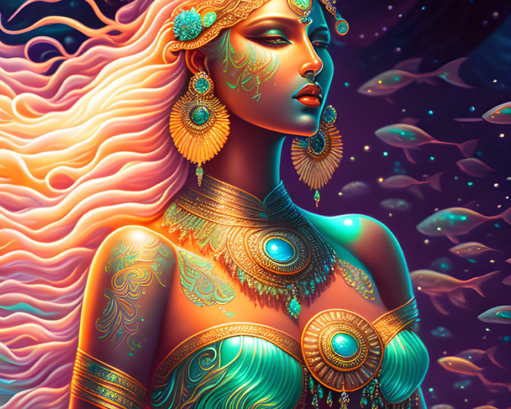 Vibrant artwork of woman with golden and turquoise adornments