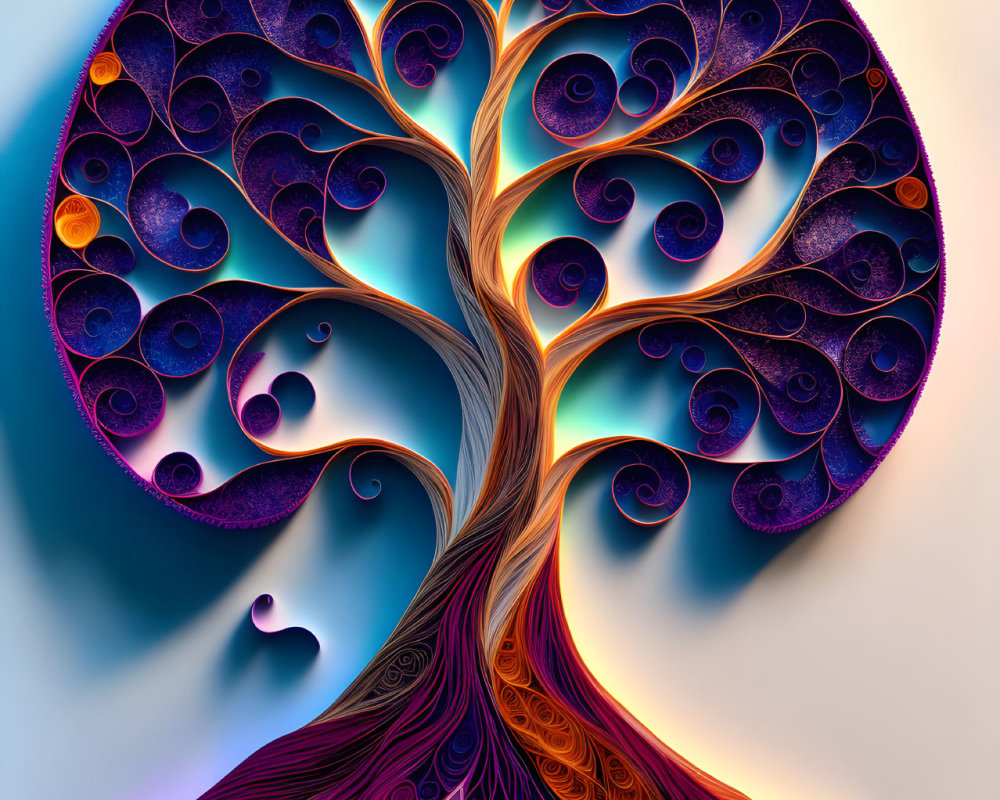 Vibrant Swirling Tree Art in Purple, Orange, and Blue Hues