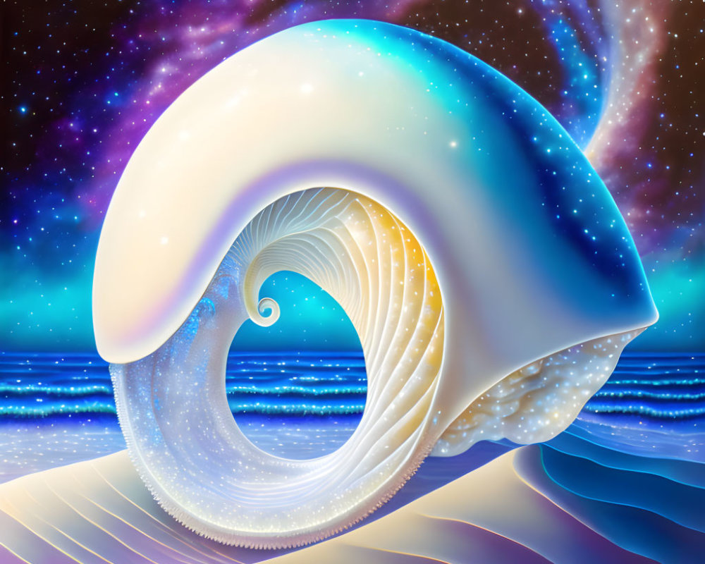 Surreal glowing nautilus shell on sandy landscape with cosmic swirl