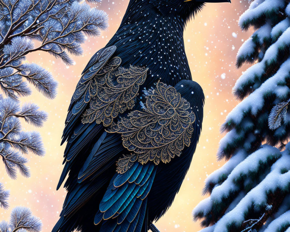 Patterned raven on snowy branch with twilight sky