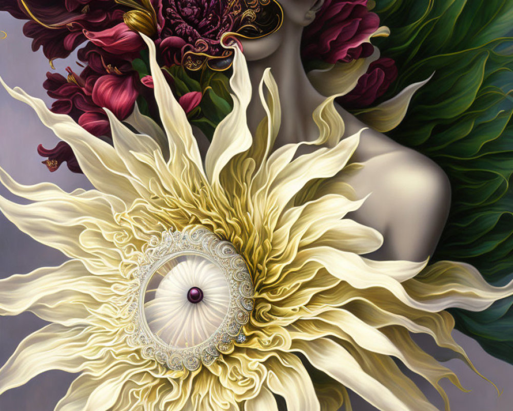 Surreal portrait with ornate mask, central eye, white floral petals, dark red blossoms