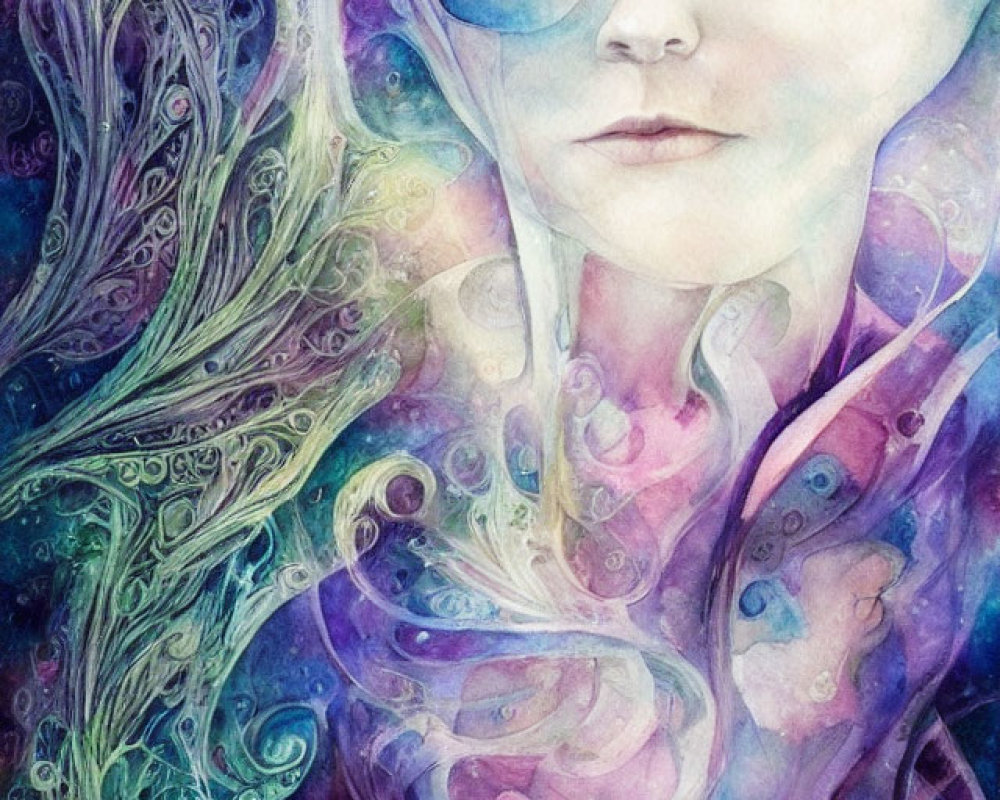 Watercolor portrait of female figure with cosmic patterns in blue, purple, and pink.