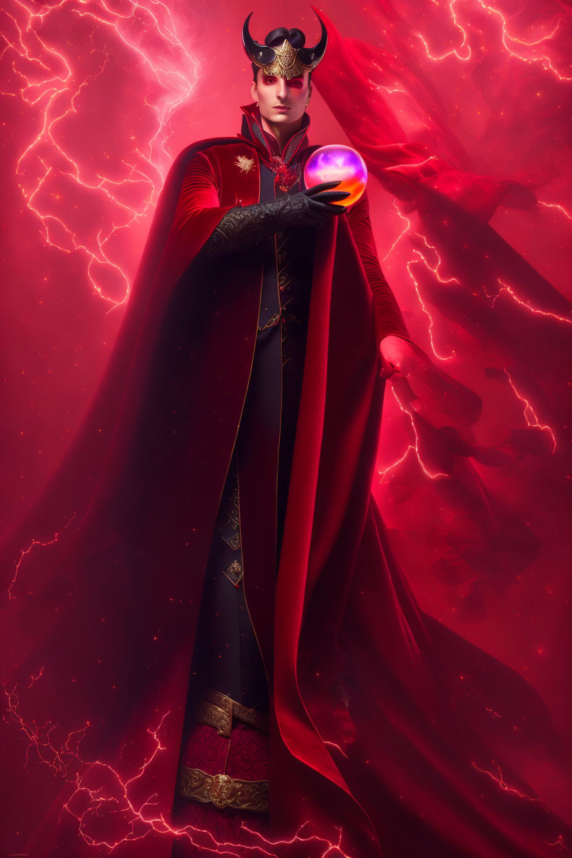 Figure in Red Cape with Glowing Orb and Horned Headpiece surrounded by Red Energy